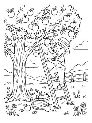 A child wearing a hat and overalls climbs a ladder to pick apples from a large tree into a basket.