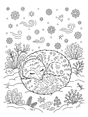 A black and white line art drawing of an arctic fox curled up in a snow pile with snowflakes and winter plants.