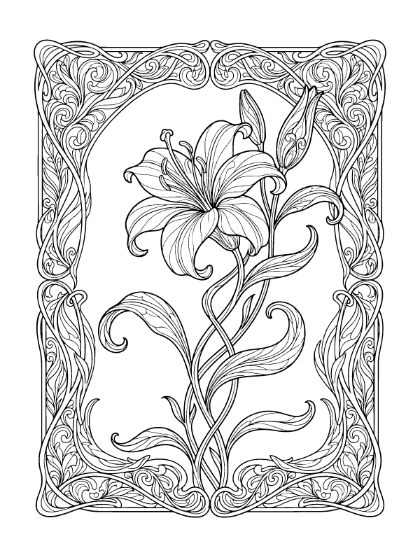 Black and white line art of a lily flower with long leaves inside an ornate decorative border.