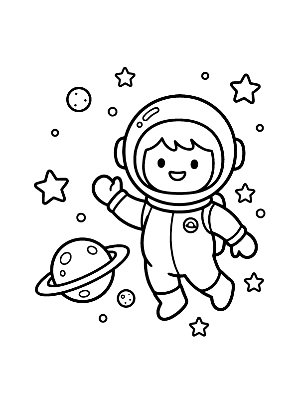 A simple line drawing of a smiling astronaut floating in space near a ringed planet and stars.