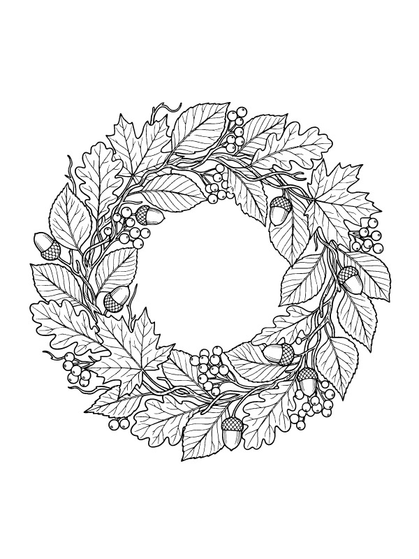 A circular wreath made of oak and birch leaves, acorns, and small berries in a black and white line art style.