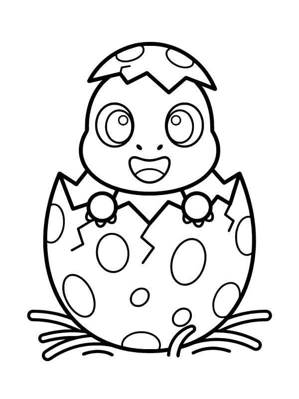 A line art drawing of a small dinosaur with large eyes emerging from a cracked, spotted egg.