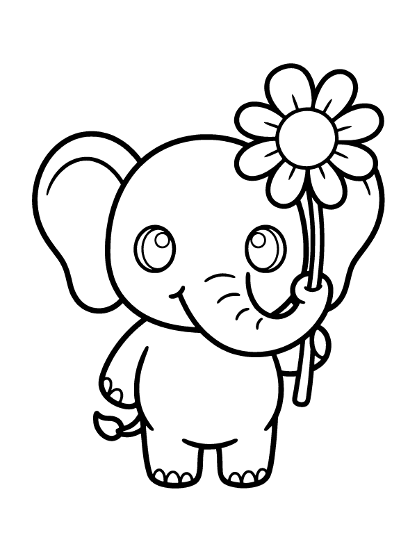 A simple black and white line drawing of a cute baby elephant holding a large daisy flower.