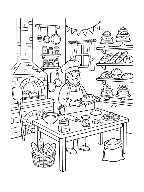 A male baker in a chef hat and apron stands at a table with bread, rolling pin, and bowls in a bakery kitchen.