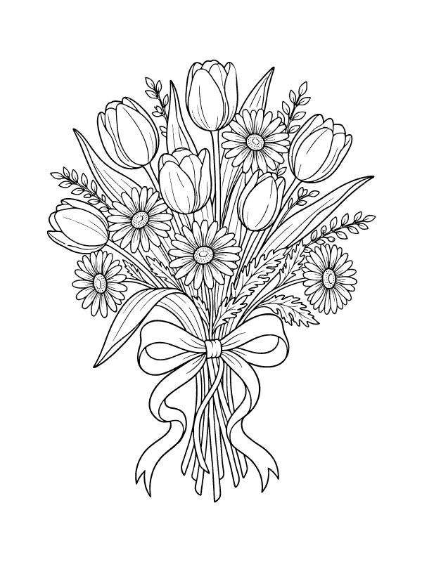 Black and white line art of a bouquet of tulips and daisies tied with a large ribbon.