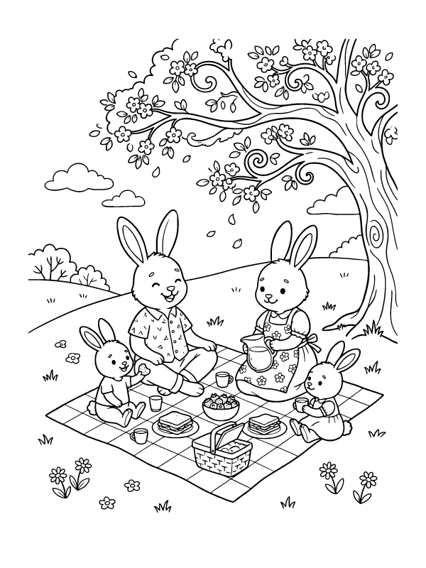 A bunny family of four sitting on a checkered blanket under a flowering tree having a picnic with a basket.