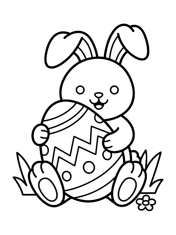 A line art drawing of a cute bunny sitting and holding a large decorated Easter egg with zig-zag patterns.