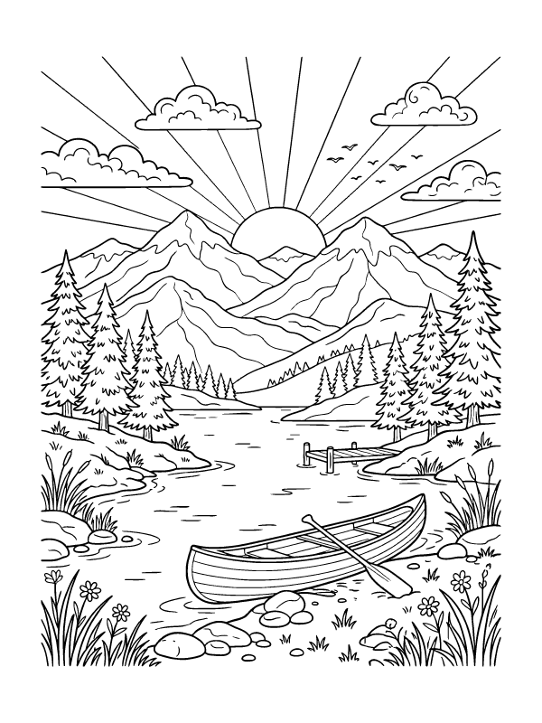 Line art of a canoe on a mountain lake with pine trees, rocks, and a sun rising behind mountains.