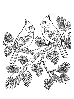 Two cardinal birds perched on a snowy pine branch with pinecones in a black and white line art style.