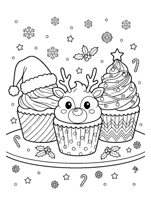 Three cupcakes with a Santa hat, a reindeer face, and a Christmas tree swirl on a platter with snowflakes.