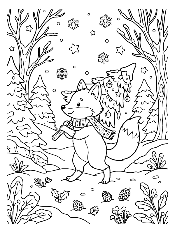 A fox wearing a scarf and a hat carries a small decorated tree through a snowy forest with pine trees.