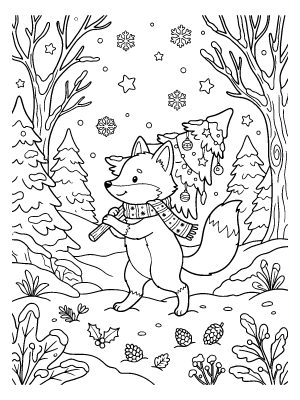 A fox wearing a scarf and a hat carries a small decorated tree through a snowy forest with pine trees.