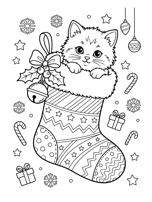 A fluffy kitten peeking out of a patterned Christmas stocking decorated with a jingle bell and holly.