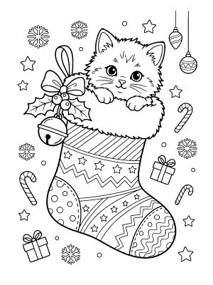 A fluffy kitten peeking out of a patterned Christmas stocking decorated with a jingle bell and holly.
