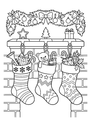 Three Christmas stockings filled with toys and candy canes hanging on a brick fireplace mantel with garland.