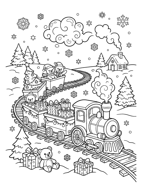 A toy train on tracks carrying a pine tree, gifts, and teddy bears in a snowy landscape with snowflakes.
