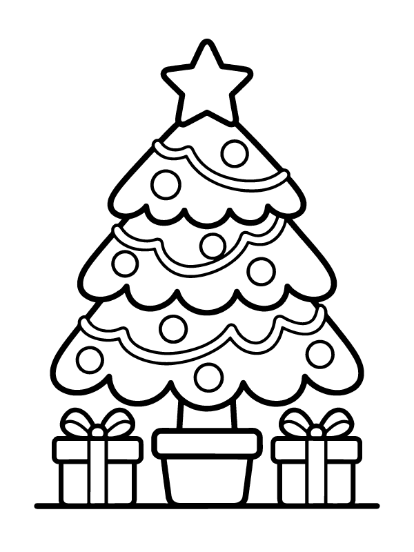 A black and white line drawing of a decorated christmas tree with a star on top and three gift boxes.
