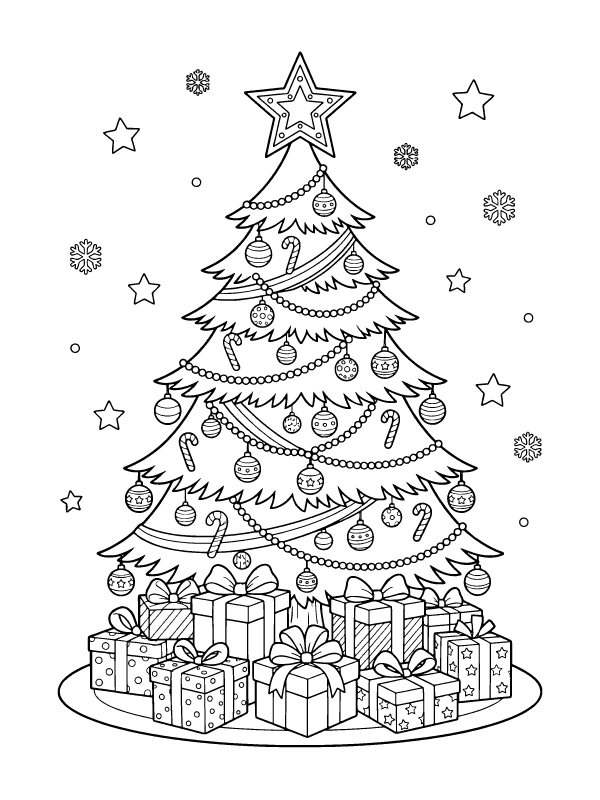 Detailed black and white coloring page of a Christmas tree decorated with ornaments, candy canes, and gifts.