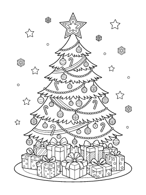 Detailed black and white coloring page of a Christmas tree decorated with ornaments, candy canes, and gifts.