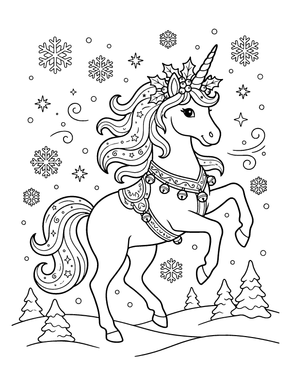 A line art drawing of a unicorn with a crown and jingle bell harness prancing in a snowy winter scene.