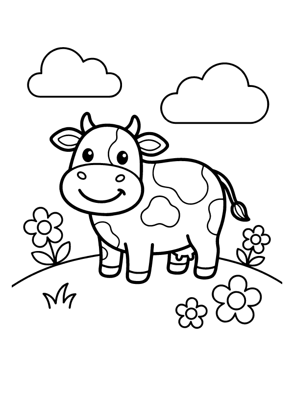 A cartoon cow with spots standing in a meadow with flowers and clouds in the background.