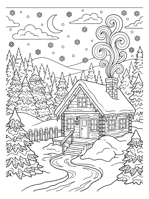 A log cabin in a snowy pine forest with smoke curling from the chimney under a crescent moon.