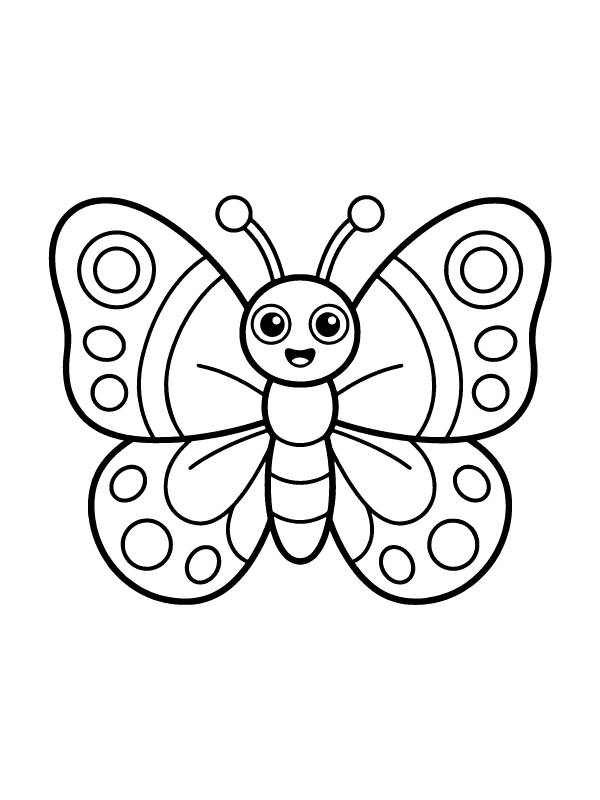 A black and white line drawing of a cartoon butterfly with large wings and round eyes.