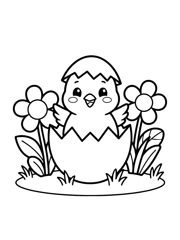 A cartoon chick with a cracked shell on its head emerging from a large egg shell surrounded by flowers.