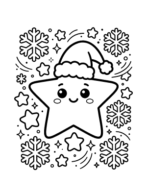 A cute cartoon star wearing a Santa hat surrounded by snowflakes and small stars on a white background.