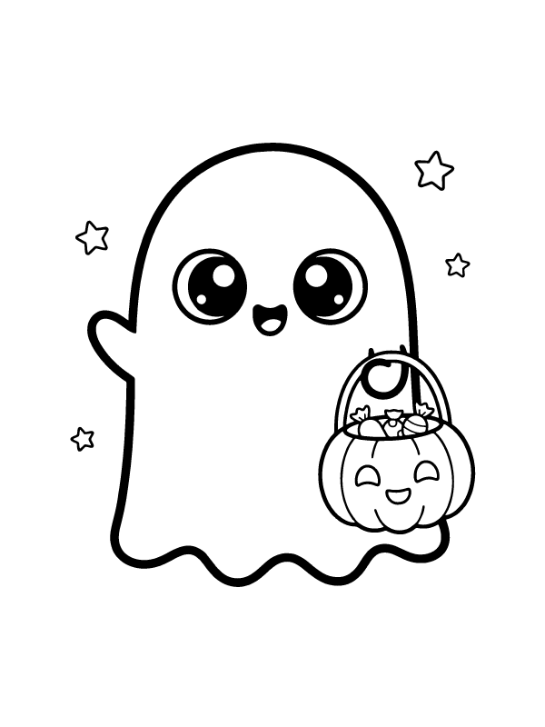 A cute cartoon ghost with large eyes holding a pumpkin-shaped candy bucket with a smiling face.