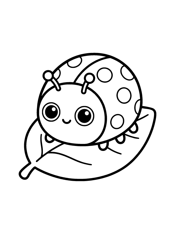 A simple black and white line drawing of a cartoon ladybug with big eyes sitting on a large leaf.