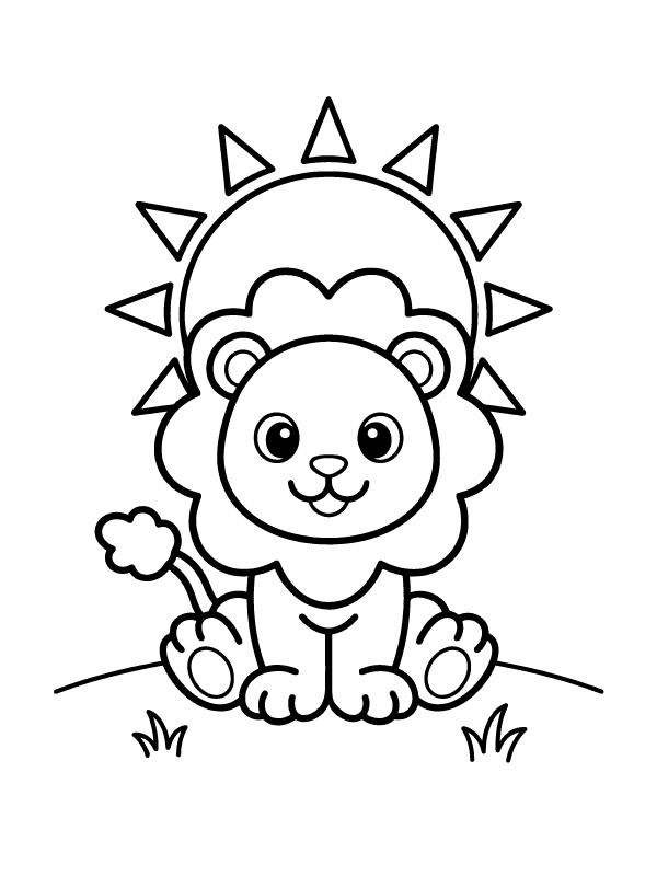 A simple line drawing of a cute lion cub sitting in front of a large sun with triangular rays.