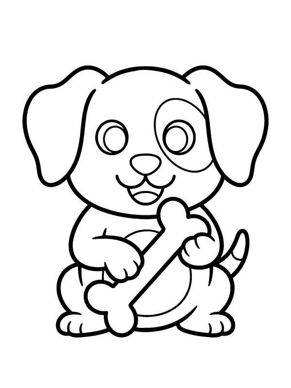 A black and white line drawing of a cartoon puppy sitting and holding a large bone.