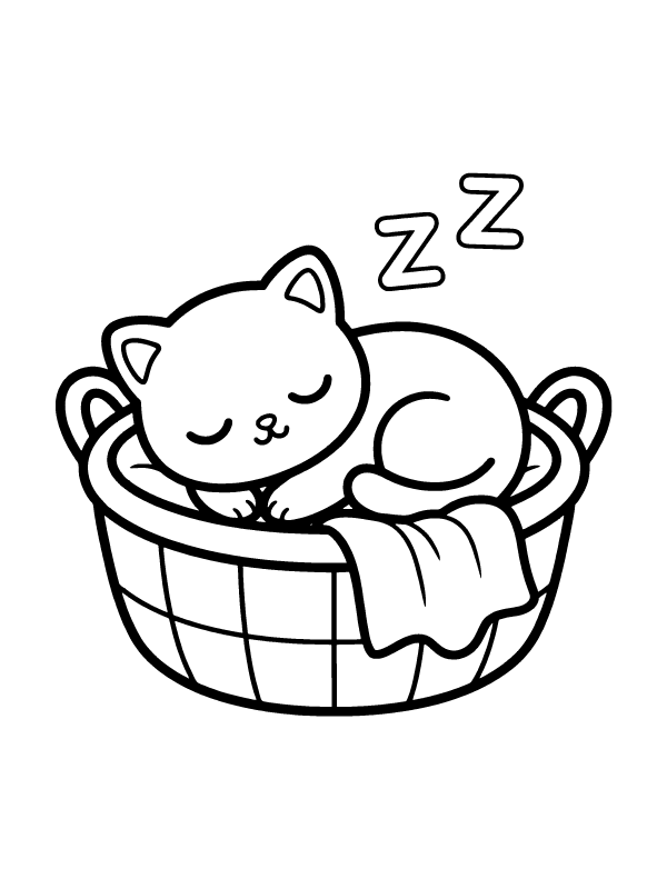 A black and white line drawing of a sleeping kitten curled up inside a laundry basket with a towel.
