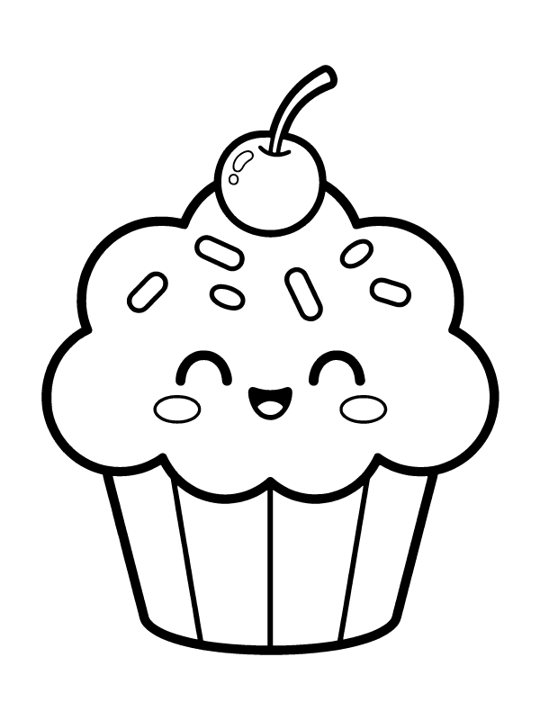 A cute cupcake with a smiling face, sprinkles, and a cherry on top.