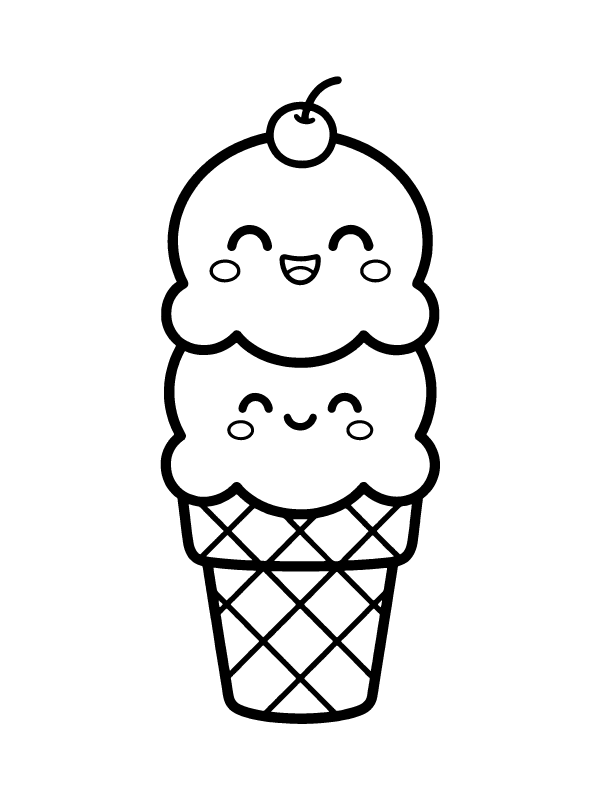 A black and white line drawing of a two-scoop ice cream cone with cute smiling faces and a cherry on top.