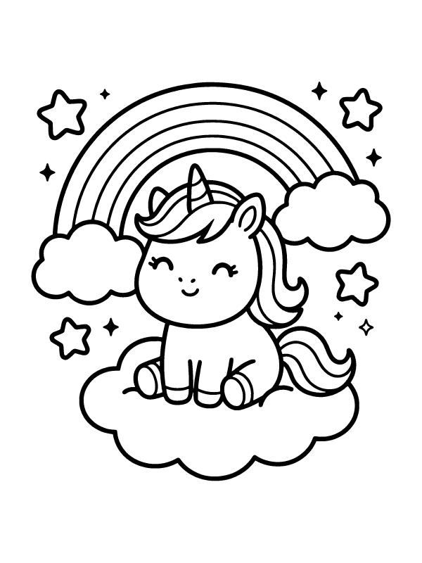 A cute cartoon unicorn sitting on a cloud with a rainbow and stars in the background.