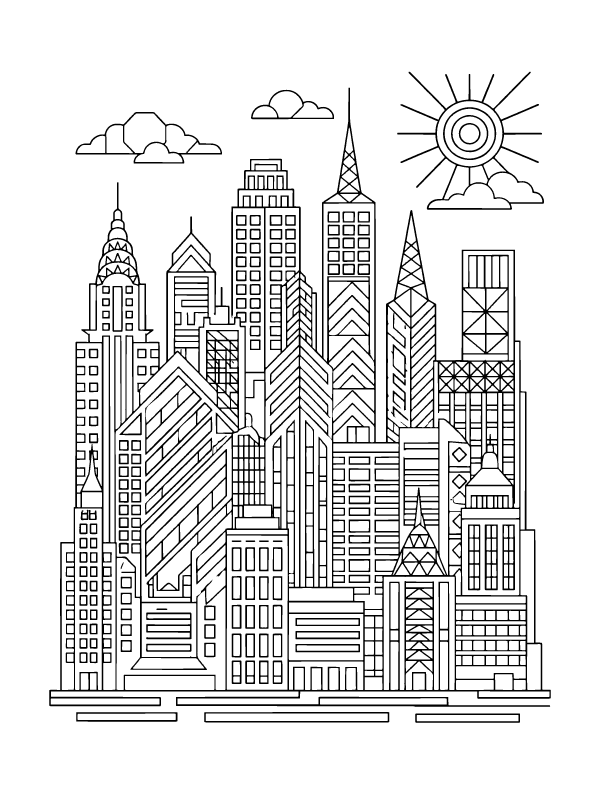 A black and white line drawing of a dense city skyline with various skyscrapers, clouds, and a sun.