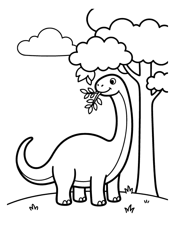 A long-necked dinosaur standing in a forest, holding a branch of leaves in its mouth.