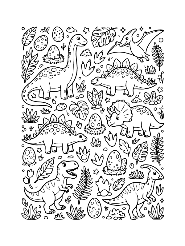 Black and white coloring page featuring various dinosaurs, eggs, and tropical leaves in a dense pattern.