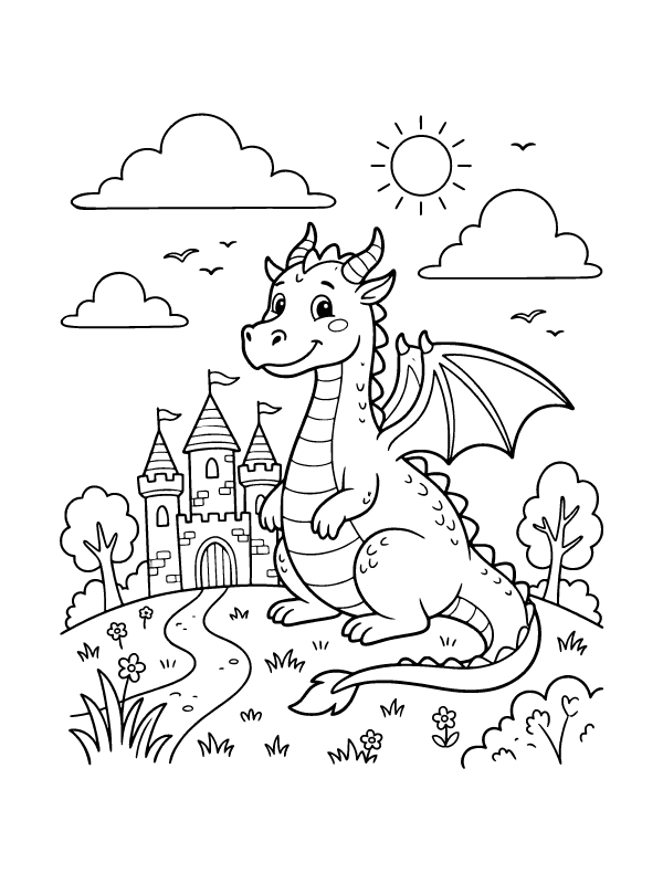 A cartoon dragon sitting in front of a castle with a path, trees, and a sun in the sky.