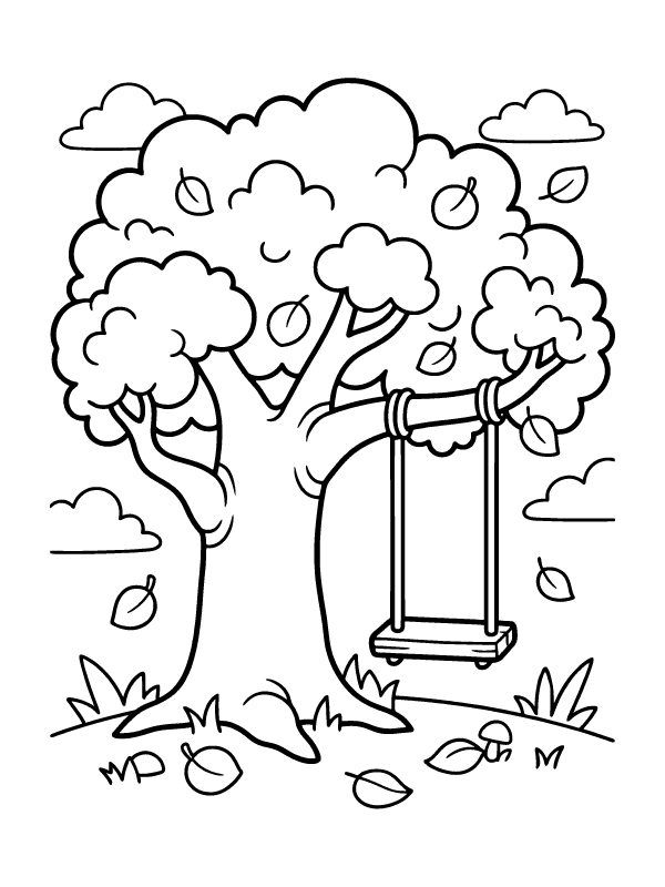 A black and white coloring page of a large tree with round leaves, falling fruit, and a wooden swing.