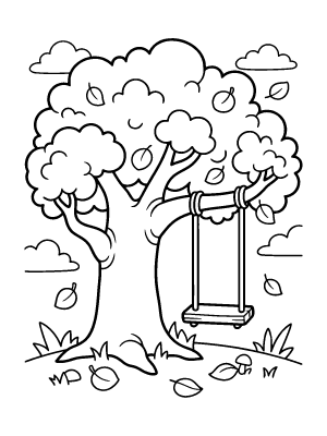 A black and white coloring page of a large tree with round leaves, falling fruit, and a wooden swing.