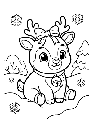 A cute cartoon baby reindeer with a bow on its antlers and a bell collar sitting in the snow.
