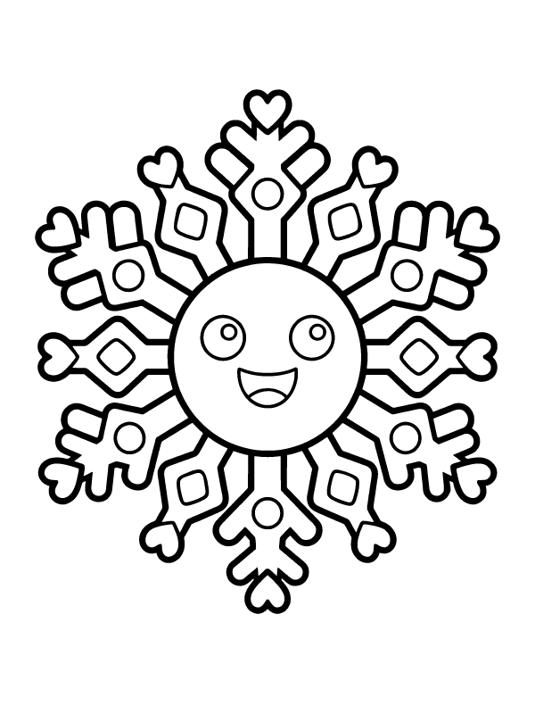 A large six-point snowflake with a smiling face in the center and heart shapes on the tips.