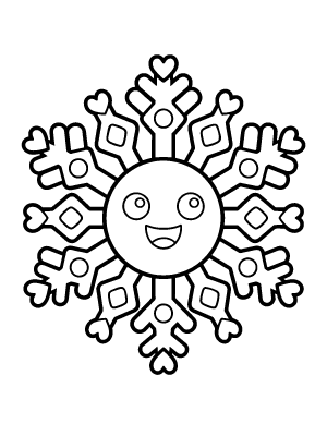 A large six-point snowflake with a smiling face in the center and heart shapes on the tips.