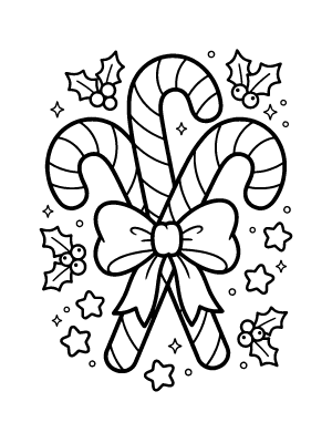 Three striped candy canes tied with a bow, surrounded by holly leaves, berries, and small stars.