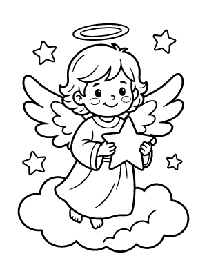 A cartoon angel with wings and a halo holding a large star and standing on a cloud.
