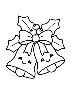 Two cute cartoon bells with smiling faces tied together with a large ribbon bow and holly leaves.