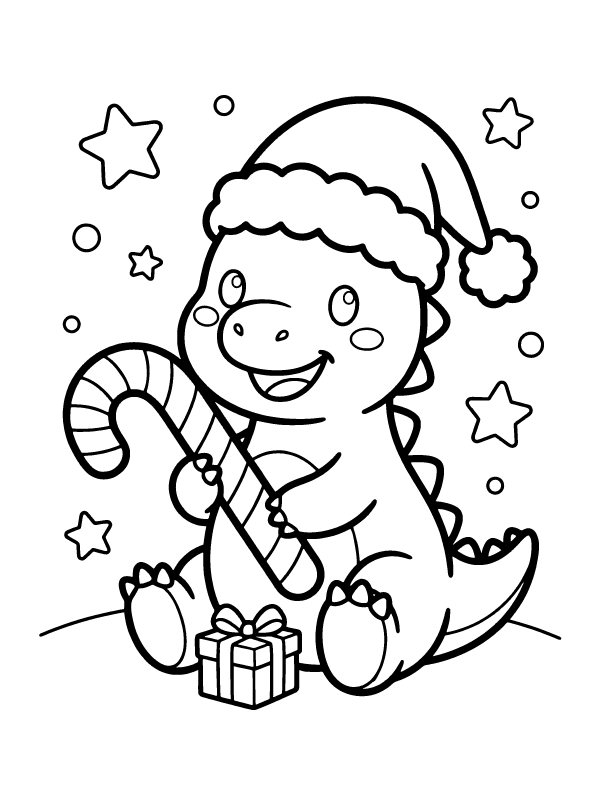 A cute baby dinosaur wearing a Santa hat, holding a candy cane, and sitting next to a wrapped gift box.
